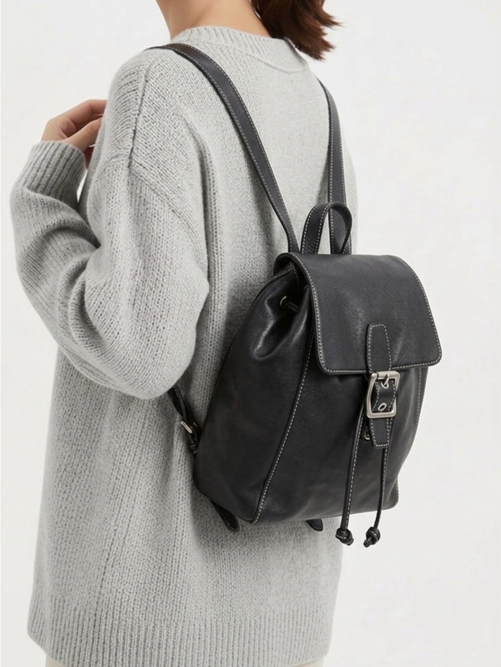 Coach Black Leather Drawstring Backpack